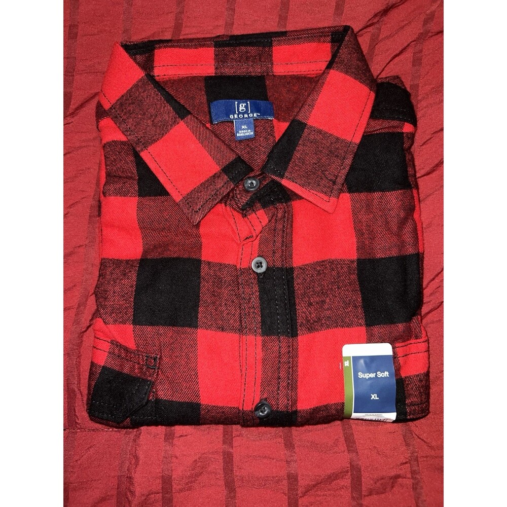 Mens George Red & Black Plaid Flannel Shirt Button Down Long Sleeve Size XL